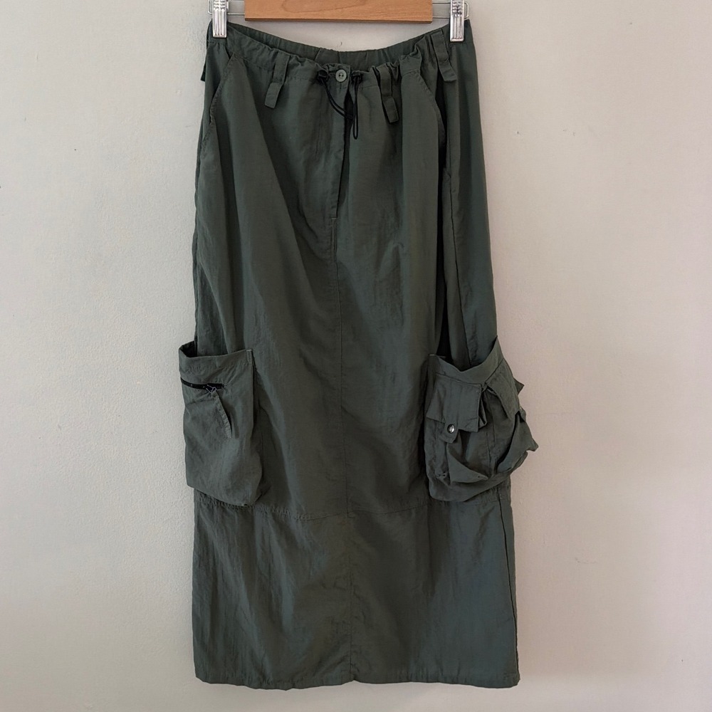 Jacques Ruc Olive Green Nylon Cargo‎ Maxi Skirt Utilitarian Gorpcore Size Small